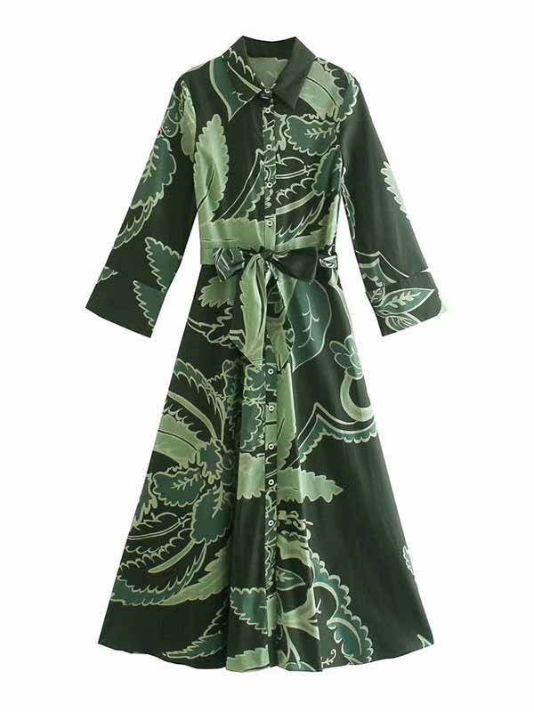 CM-D091128 Women Casual European Style Long Sleeve Tie Wrap Maxi Dress - Green