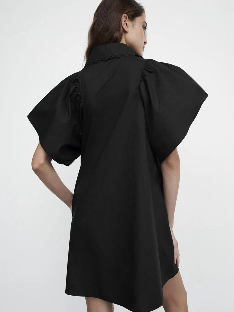 CM-D092437 Women Preppy European Style Short Sleeve Mini Dress - Black