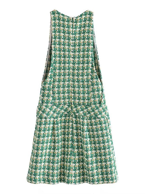 CM-D092439 Women Elegant European Style O-Neck Patch Sleeveless Dress - Green