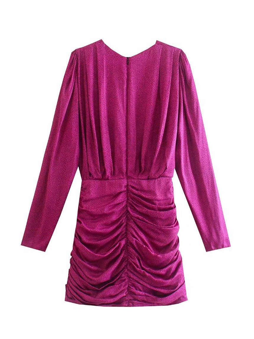 CM-D092538 Women Elegant European Style Deep V-Neck Ruched Long Sleeve Dress