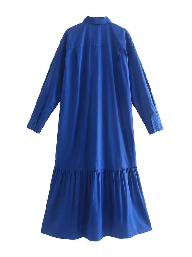 CM-D092710 Women Preppy European Style Loose Solid Single-Breasted Long Sleeve Maxi Dress