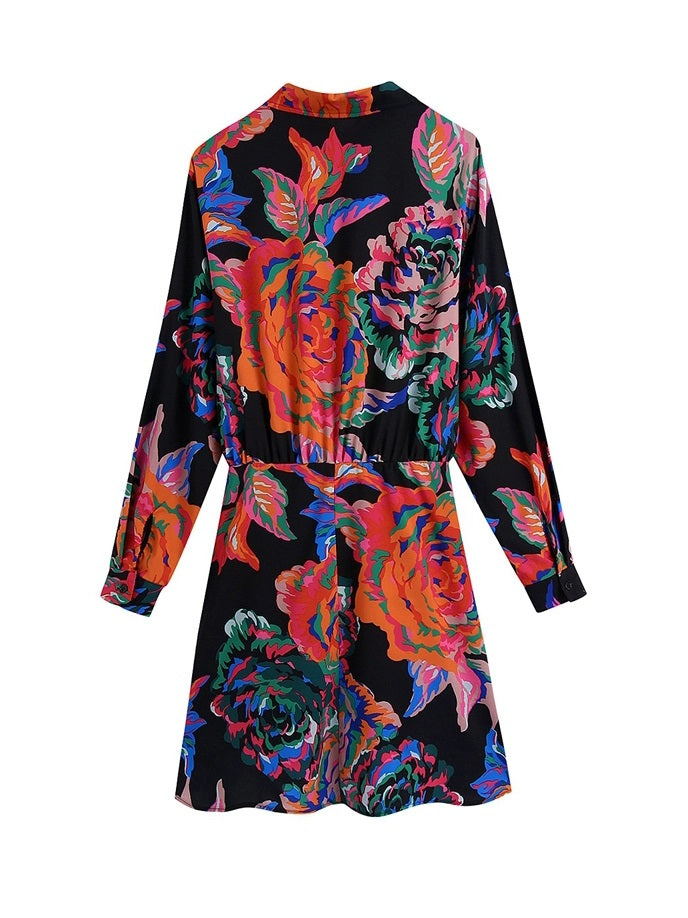 CM-D092917 Women Vintage European Style Print Long Sleeve Shirt Dress - Black