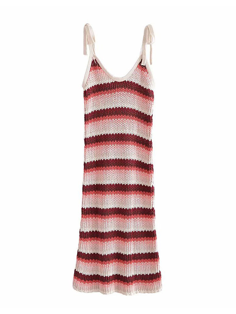 CM-D093026 Women Casual European Style V-Neck Contrast Color Striped Midi Dress