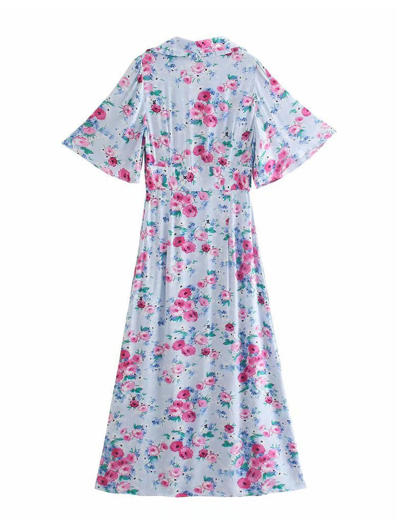 CM-D093031 Women Casual European Style Floral Print Short Sleeve Maxi Dress