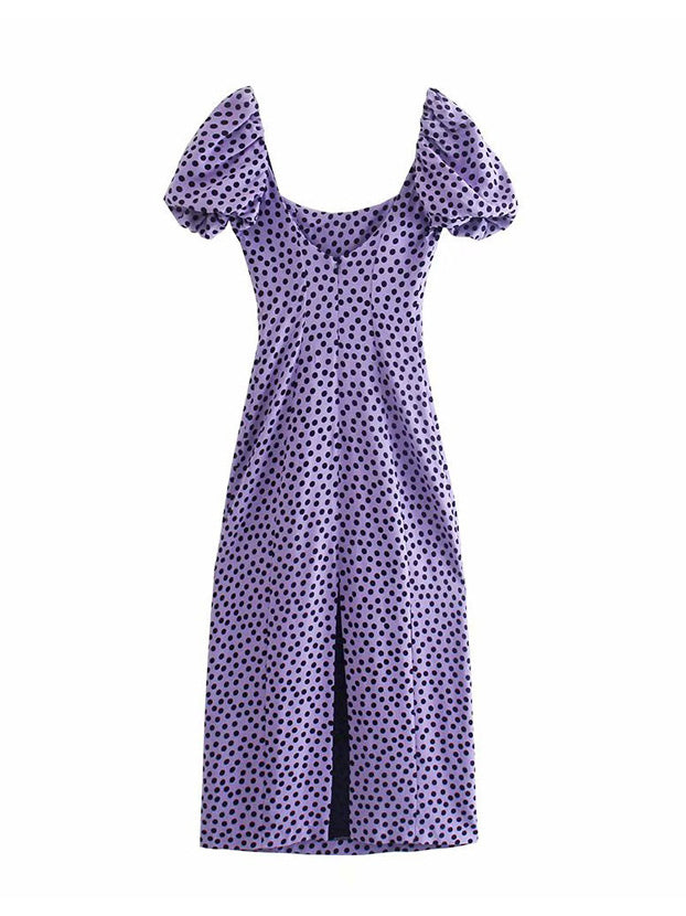 CM-D093016 Women Elegant European Style Puff Sleeve Polka Dots Dress - Purple
