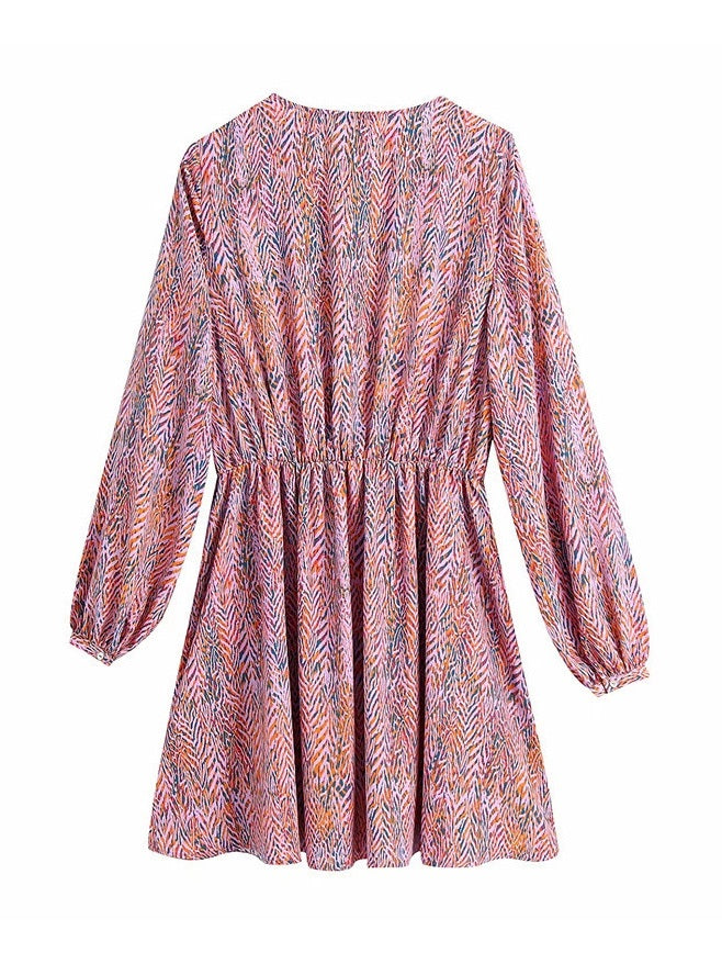 CM-D093014 Women Casual European Style V-Neck Print Long Sleeve Dress - Pink