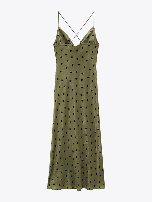 CM-D100918 Women Casual European Style V-Neck Dot Sleeveless Midi Dress - Green