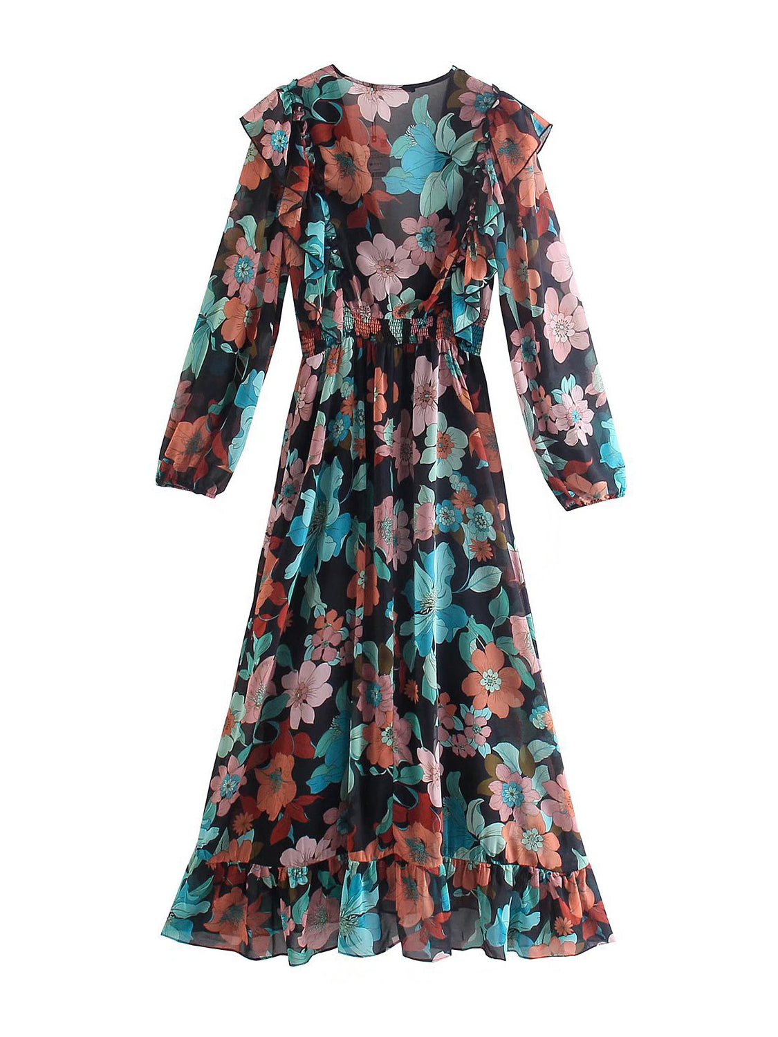 CM-D100958 Women Vintage European Style V-Neck Floral Maxi Dress - Black