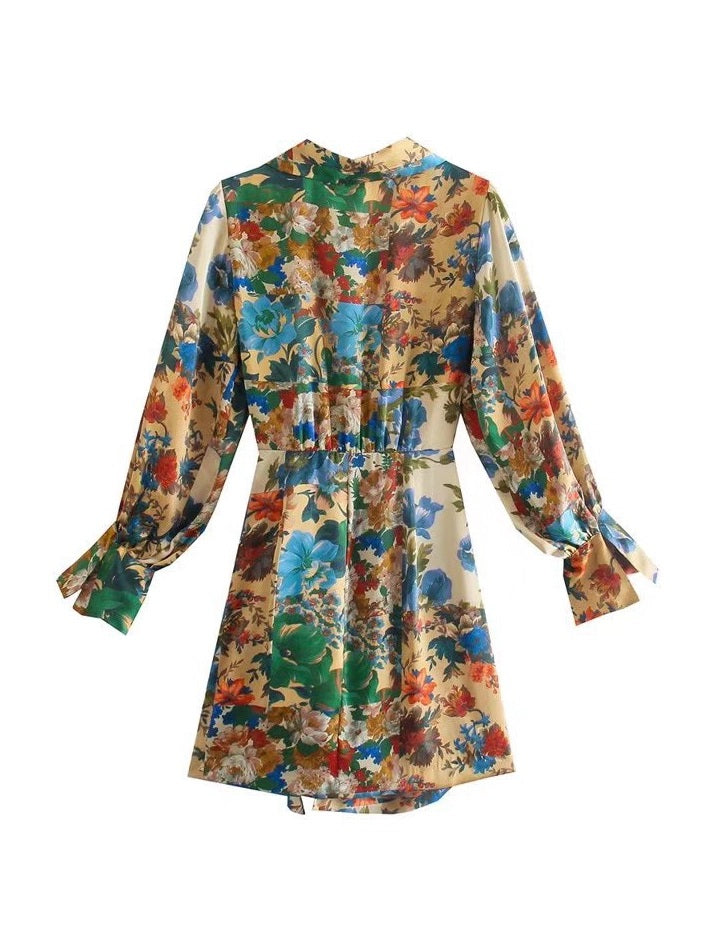 CM-D100960 Women Vintage European Style V-Neck Floral Long Sleeve Shirt Dress