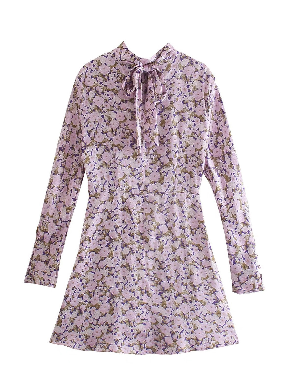 CM-D100962 Women Casual European Style Floral Print Long Sleeve Short Dress - Pink