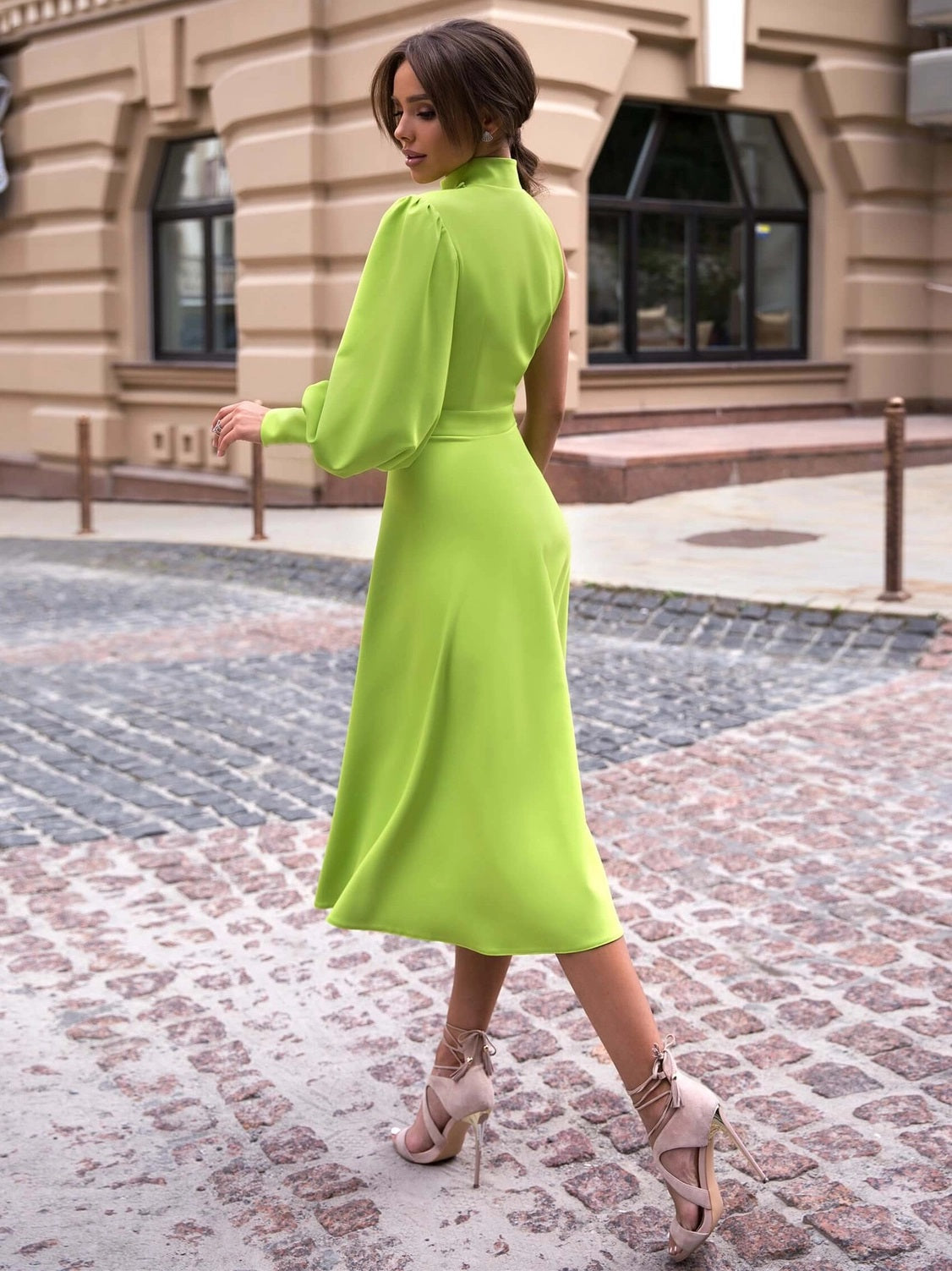 CM-D101412 Women Elegant European Style One Shoulder Maxi Dress - Green