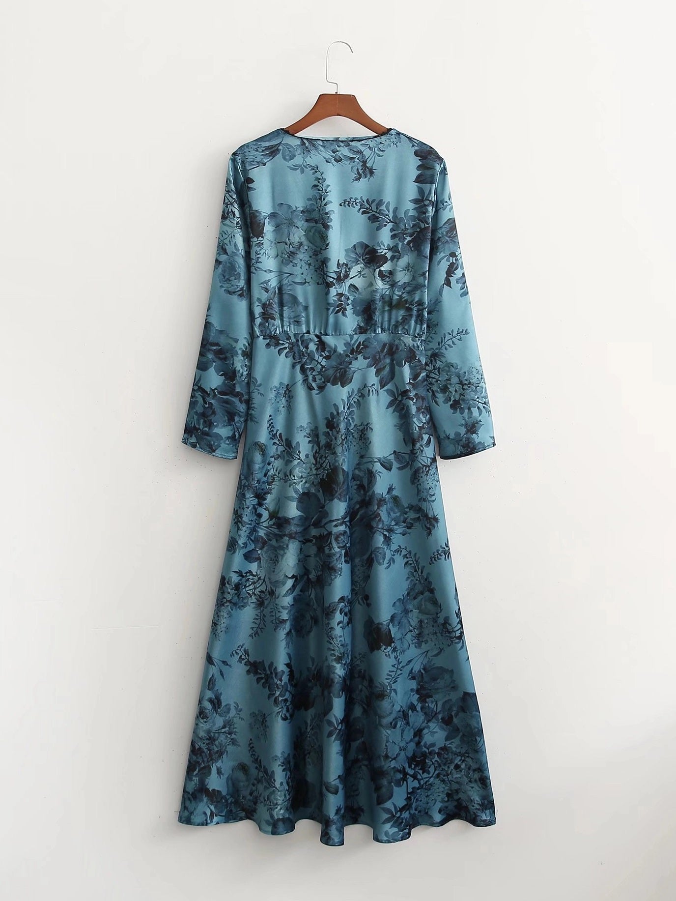 CM-D101537 Women Casual European Style V-Neck 3/4 Sleeve Maxi Dress - Blue