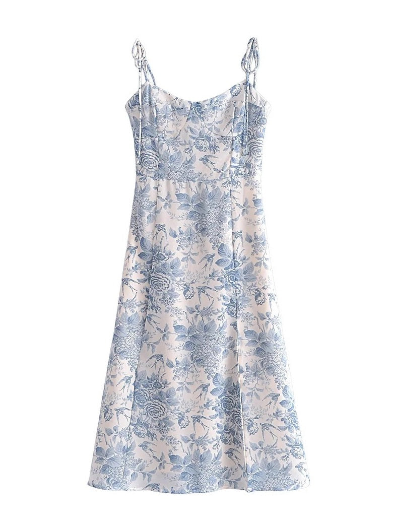 CM-D101824 Women Casual European Style Floral Slit Spaghetti Strap Sleeveless Dress