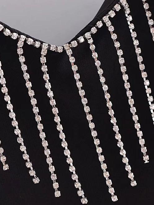 CM-D121636 Women Elegant European Style Tassel Patchwork V-Neck Camisole Mini Dress