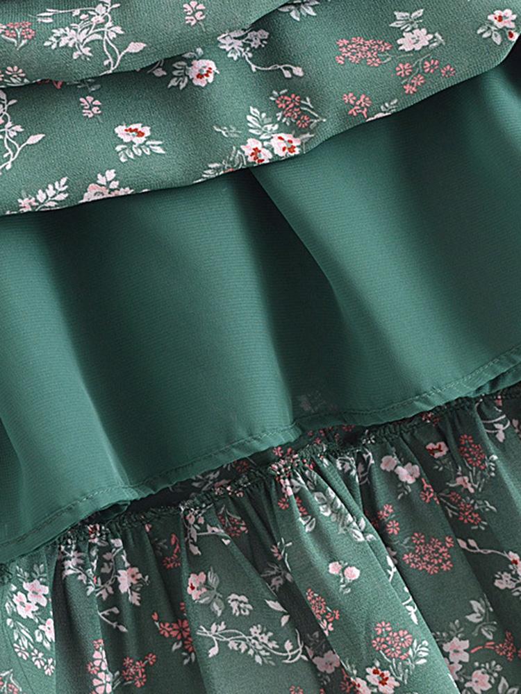 CM-D122720 Women Trendy Bohemian Style Camisole Ruffled Floral Maxi Dress - Green