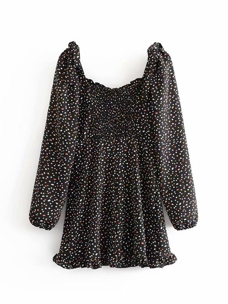 CM-D122482 Women Casual European Style Square Neck Ruffled Long Sleeve Dress - Black
