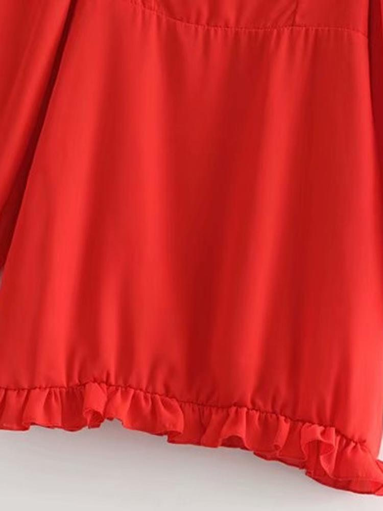 CM-D122482 Women Casual European Style Square Neck Ruffled Long Sleeve Dress - Red