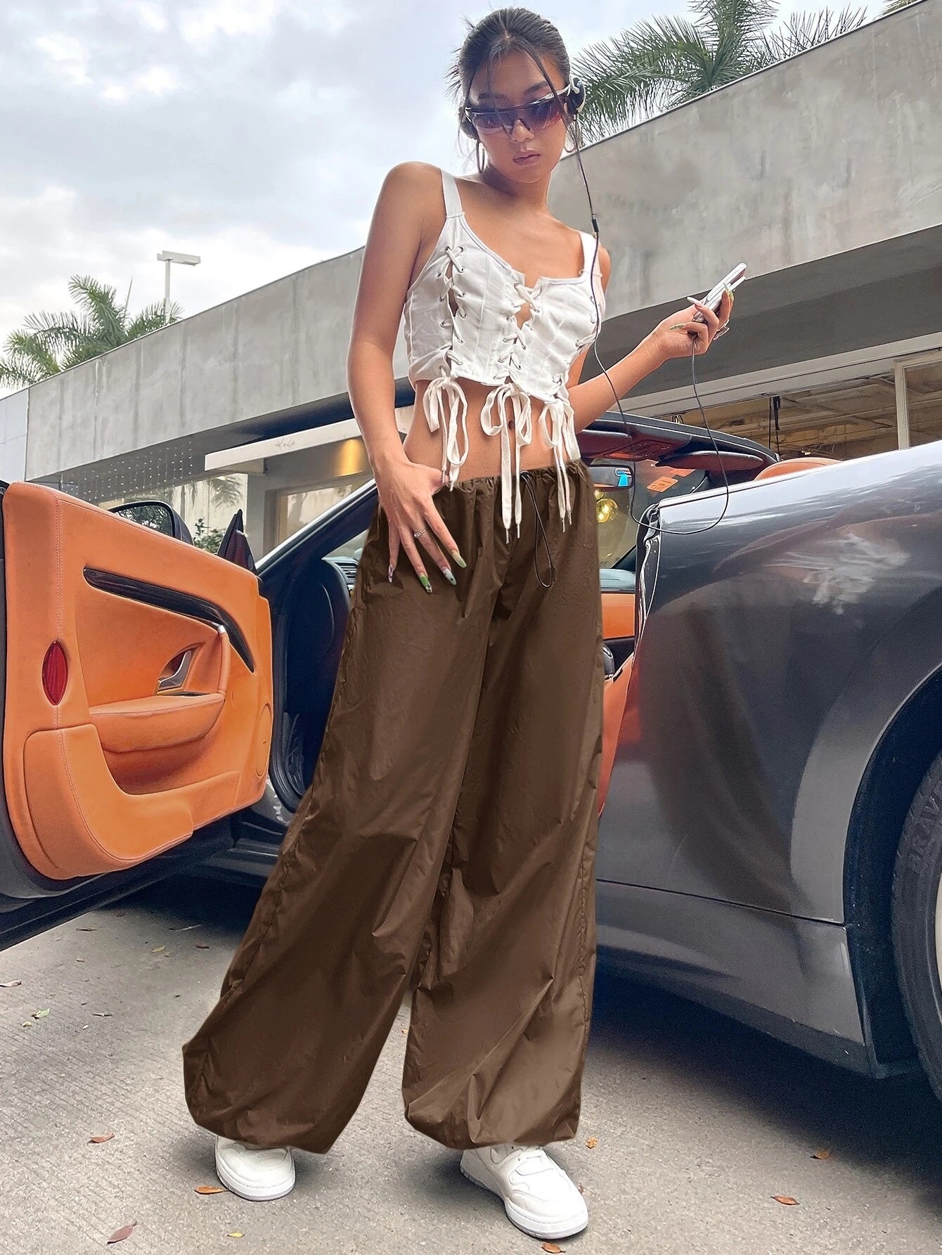 CM-BS970081 Women Casual Seoul Style Low Rise Drawstring Waist Jogger Parachute Pants