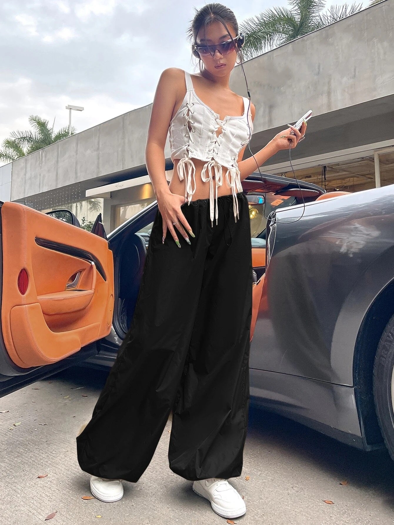 CM-BS955522 Women Casual Seoul Style Low Rise Drawstring Waist Jogger Parachute Pants