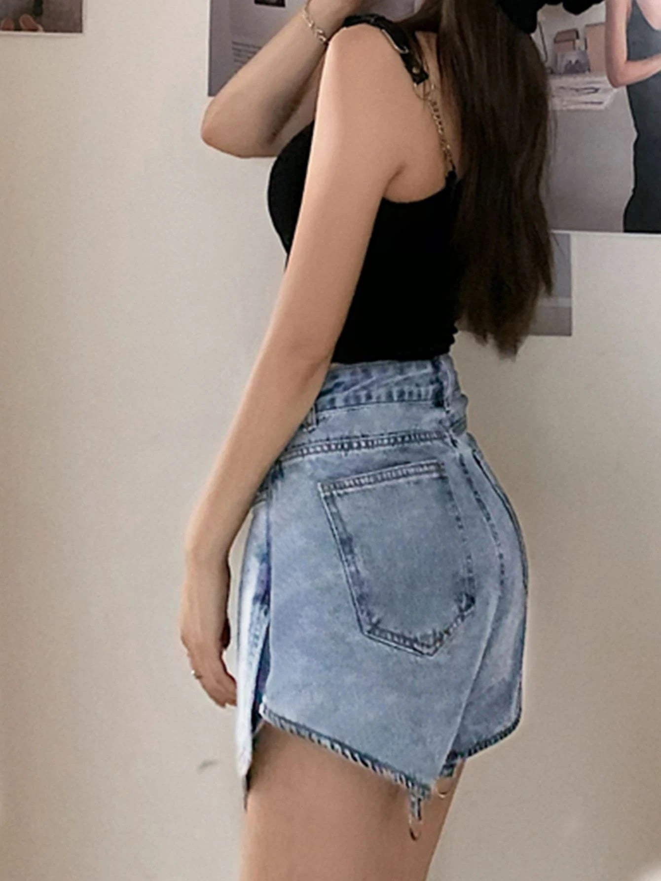 CM-BS621025 Women Preppy Seoul Style Medium Wash High Waist Clasp Detail Jeans