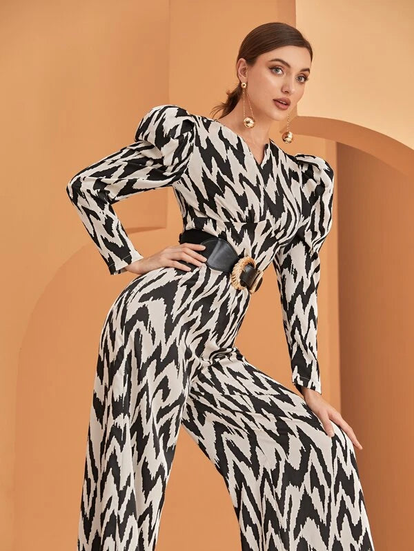 CM-JS086666 Women Elegant Seoul Style Chevron Print Gigot Sleeve Jumpsuit