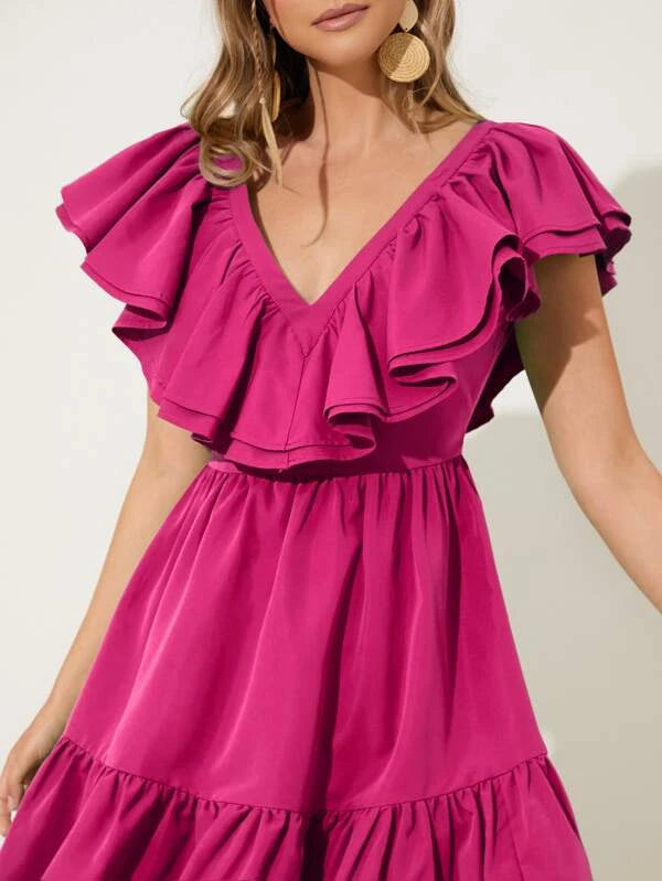 CM-DS477438 Women Trendy Bohemian Style Two Layered Trim Ruffle Hem Dress