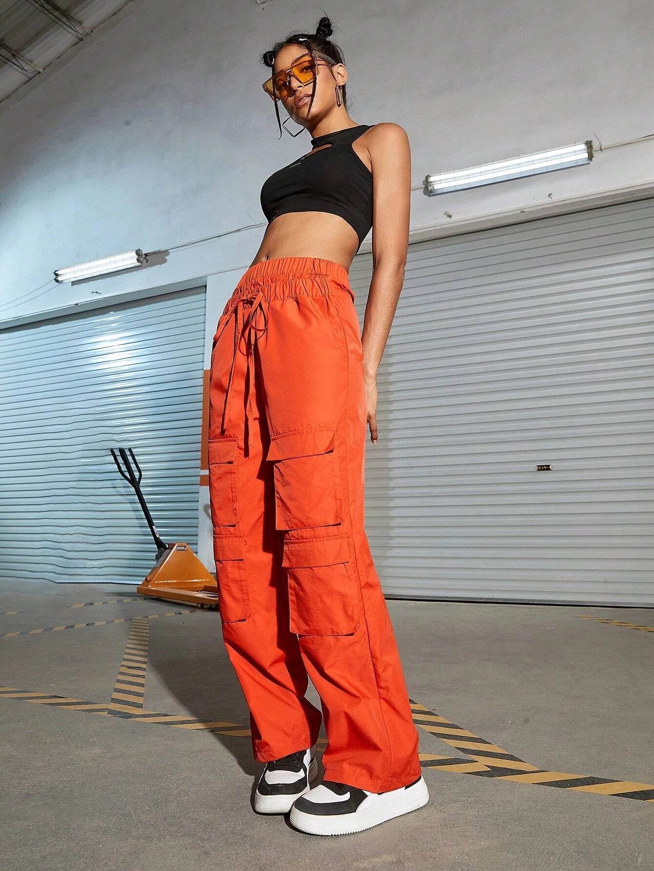 CM-BS800669 Women Casual Seoul Style Street Double Drawstring Waist Flap Pocket Cargo Pants