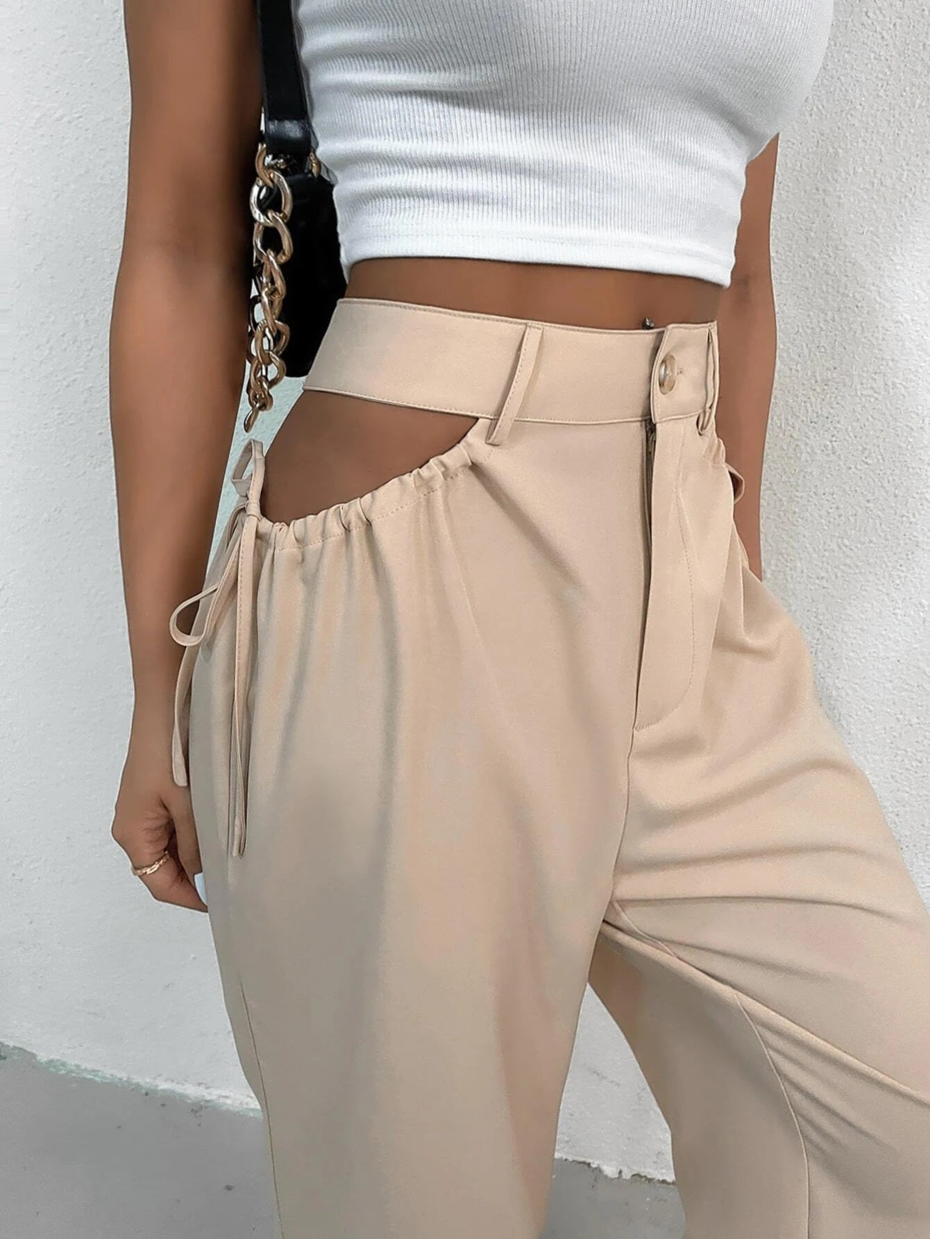CM-BS519652 Women Casual Seoul Style Solid Cut Out Waist Wide Leg Pants - Apricot
