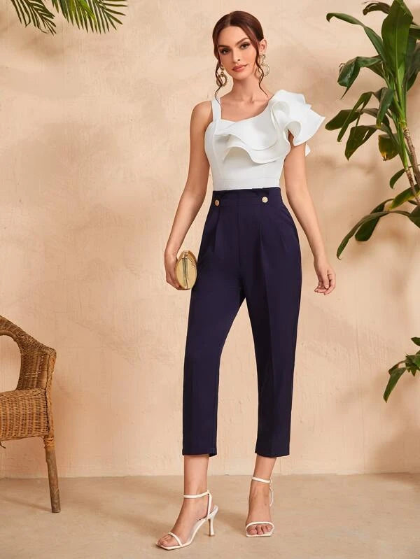 CM-TS847371 Women Elegant Seoul Style Asymmetrical Neck Layered Trim Bodysuit - White