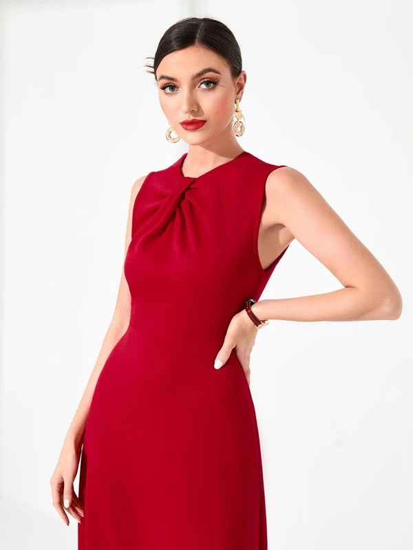 CM-DS475299 Women Elegant Seoul Style Sleeveless Twist Front Solid Dress - Red