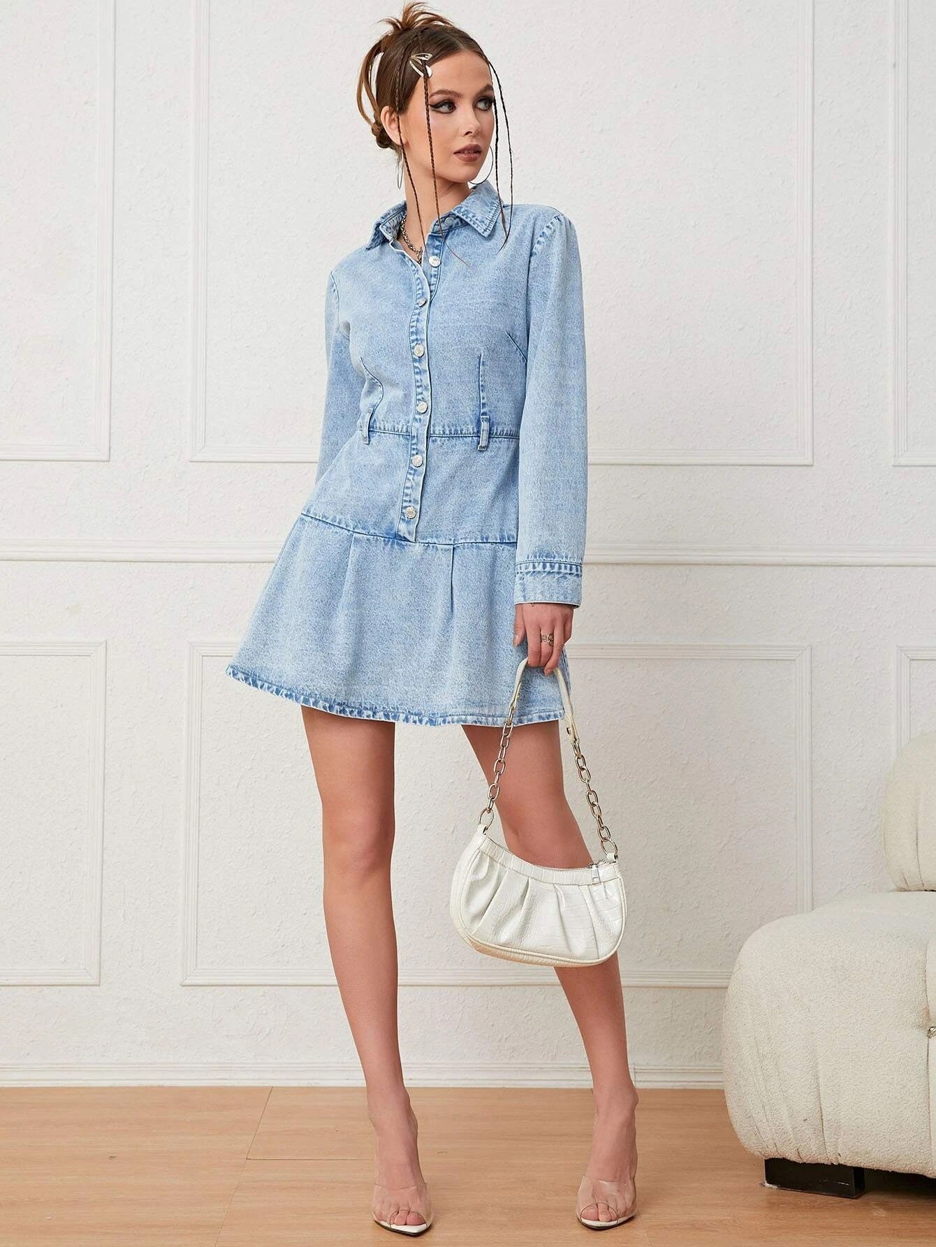 CM-DS393616 Women Trendy Seoul Style Light Wash Button Front Ruffle Hem Denim Dress