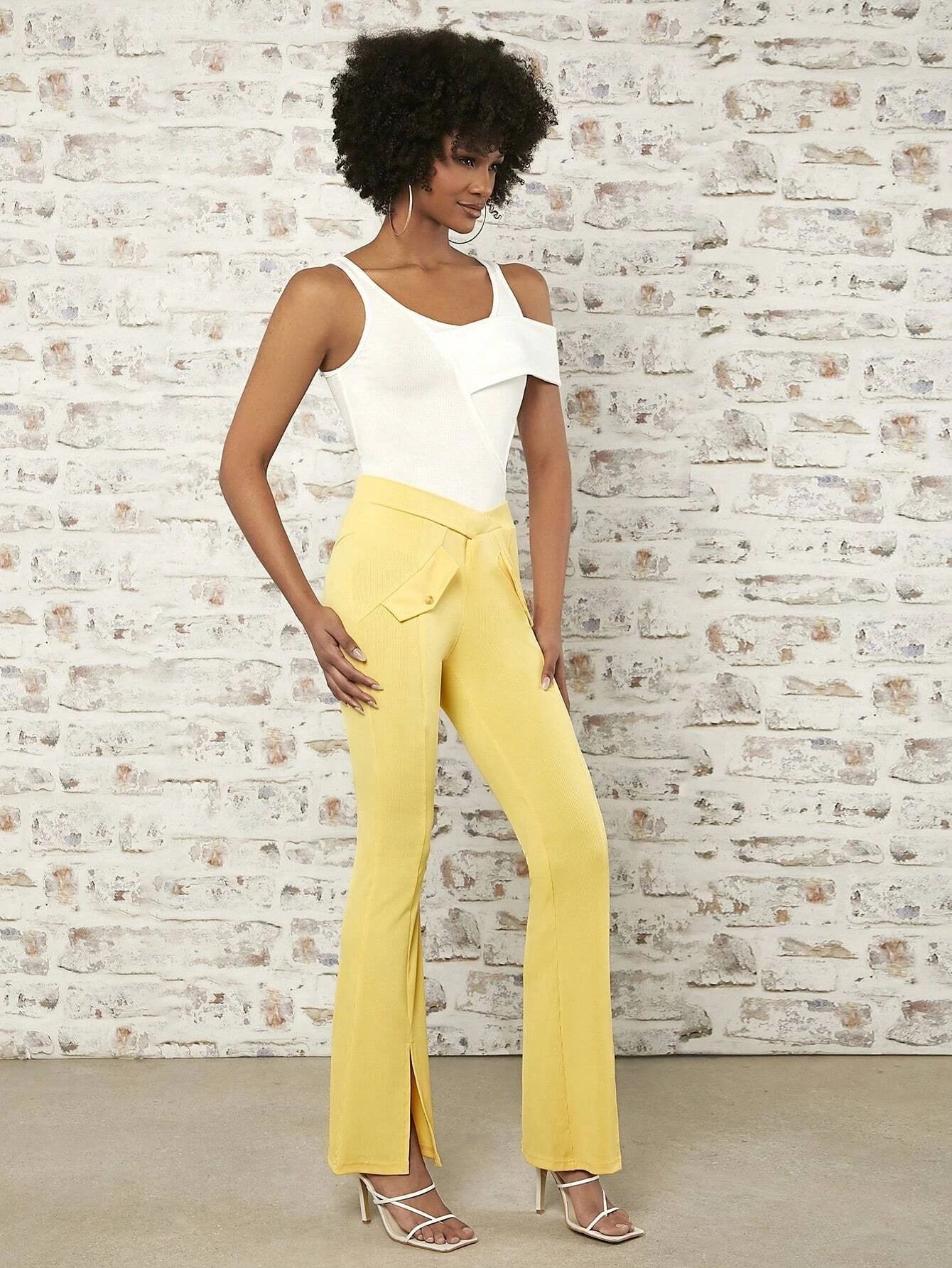 CM-BS781694 Women Casual Seoul Style Split Hem Flare Leg Pants - Yellow