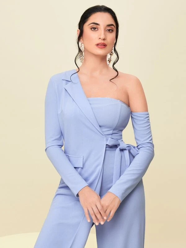 CM-JS800997 Women Elegant Seoul Style Asymmetrical Neck Knot Side Jumpsuit
