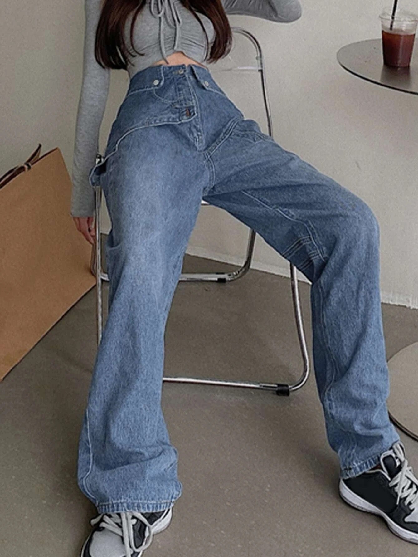 CM-BS173335 Women Preppy Seoul Style Solid High Waist Wide Leg Jeans