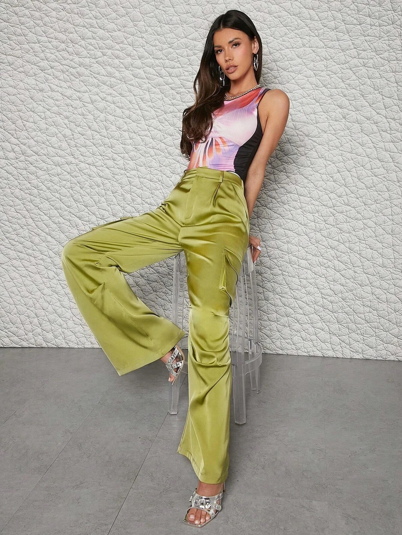 CM-BS137887 Women Casual Seoul Style Satin Flap Pocket Side Wide Leg Cargo Pants