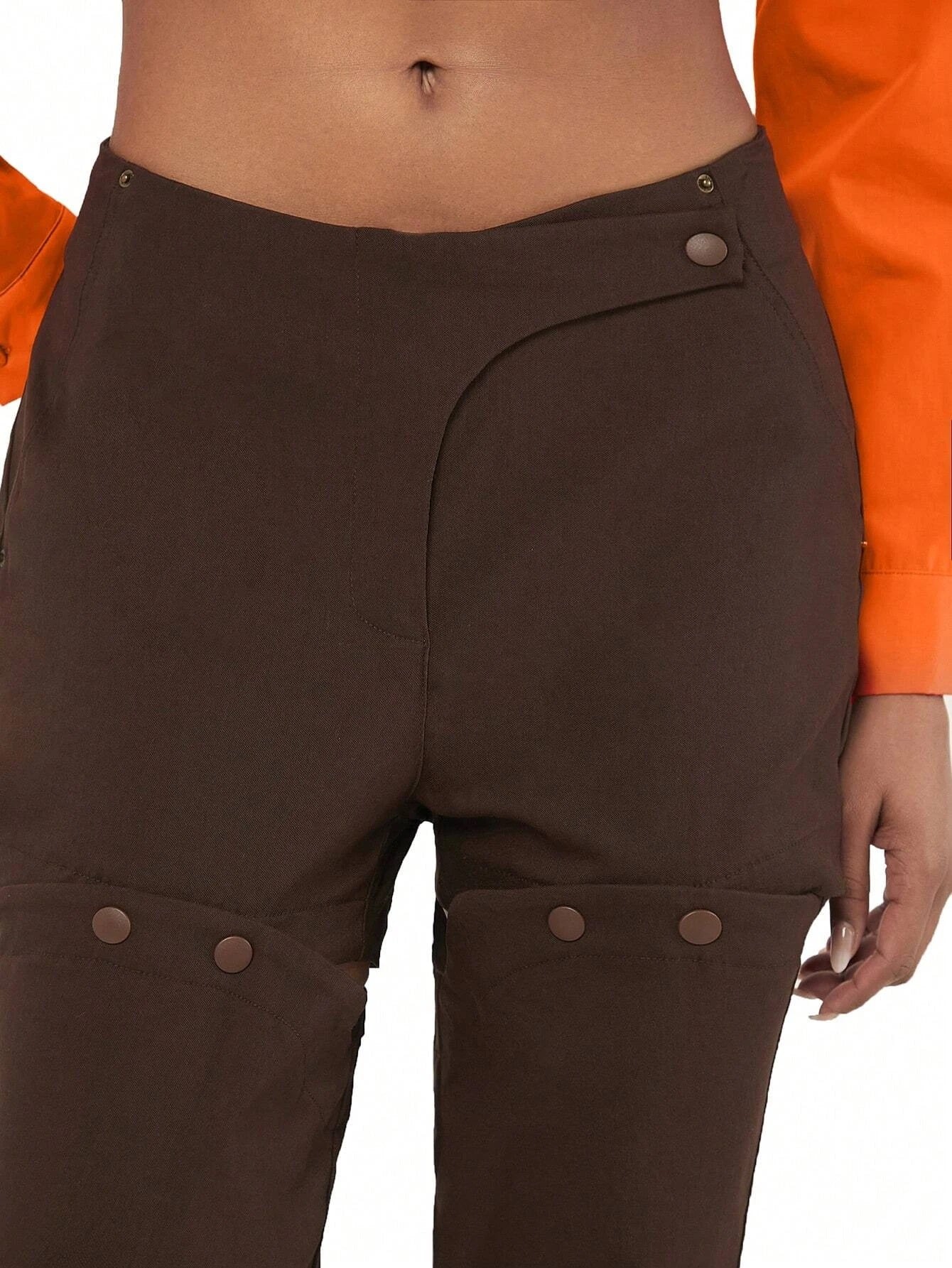 CM-BS644649 Women Casual Seoul Style Solid Button Detail Flare Leg Pants - Chocolate Brown