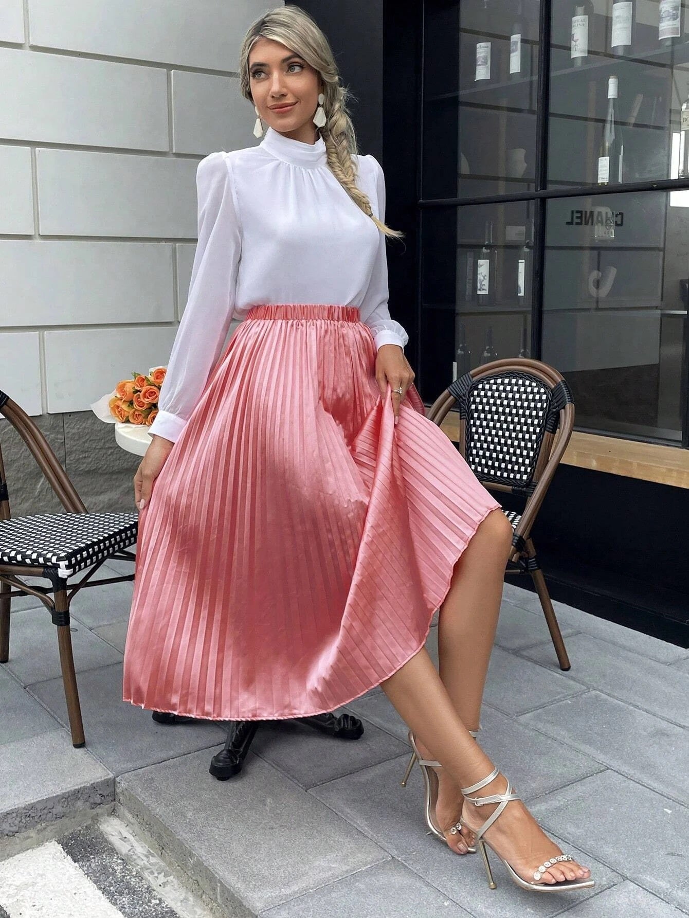 CM-BS177211 Women Elegant Seoul Style High Waist Solid Pleated Skirt - Pink