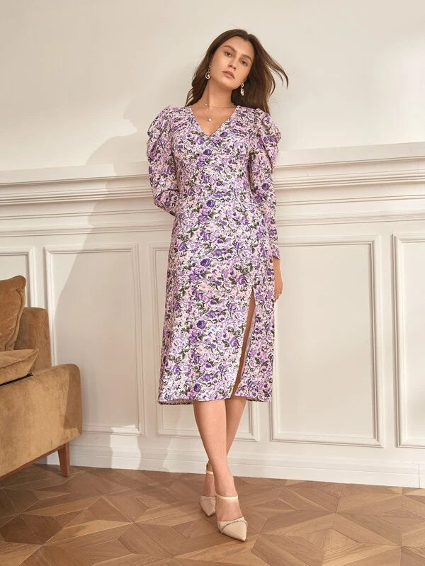 CM-DS662506 Women Casual Seoul Style Allover Floral Print Gigot Sleeve Dress