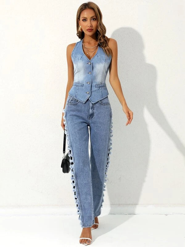 CM-TS880288 Women Casual Seoul Style Sleeveless Button Front Tank Denim Top