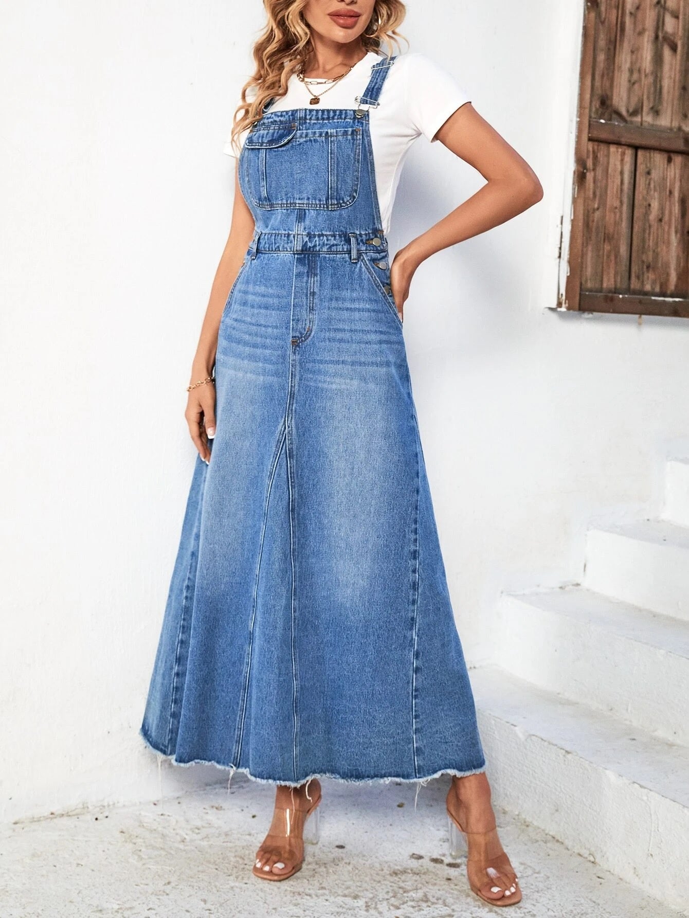 CM-DS521772 Women Casual Seoul Style Light Wash Raw Cut Denim Overall Dress