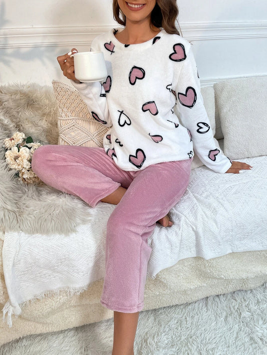CM-LS201429 Women Trendy Seoul Style Heart Print Pajama Set - Dusty Pink