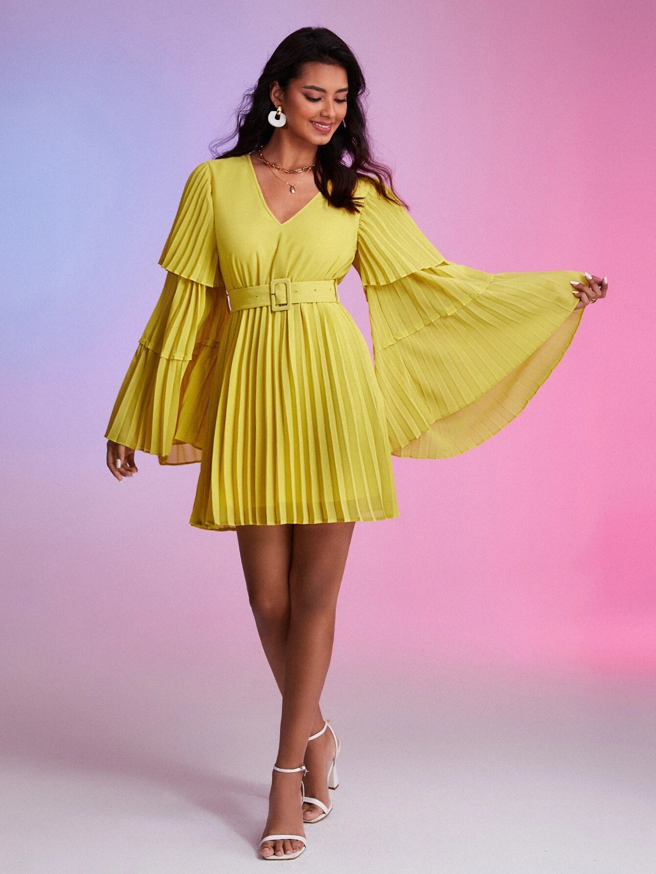 CM-DS433465 Women Elegant Seoul Style Pleated Trumpet Sleeve Belted Dress - Mustard Yellow