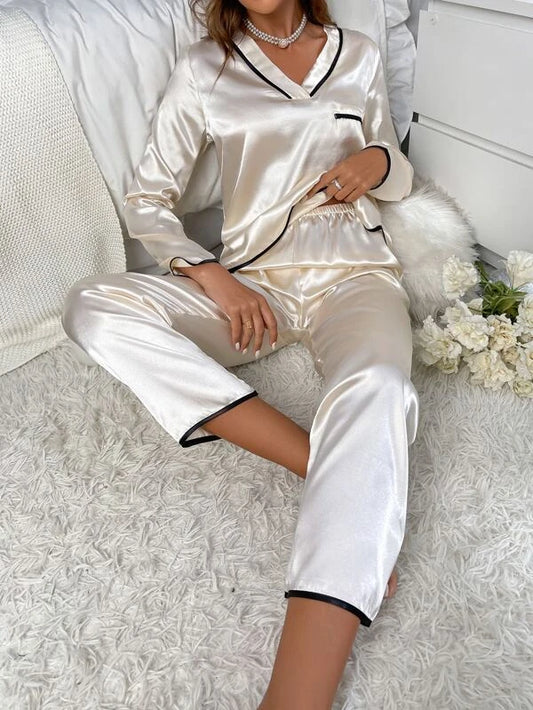 CM-LS578167 Women Trendy Seoul Style Contrast Binding Satin Pajama Set