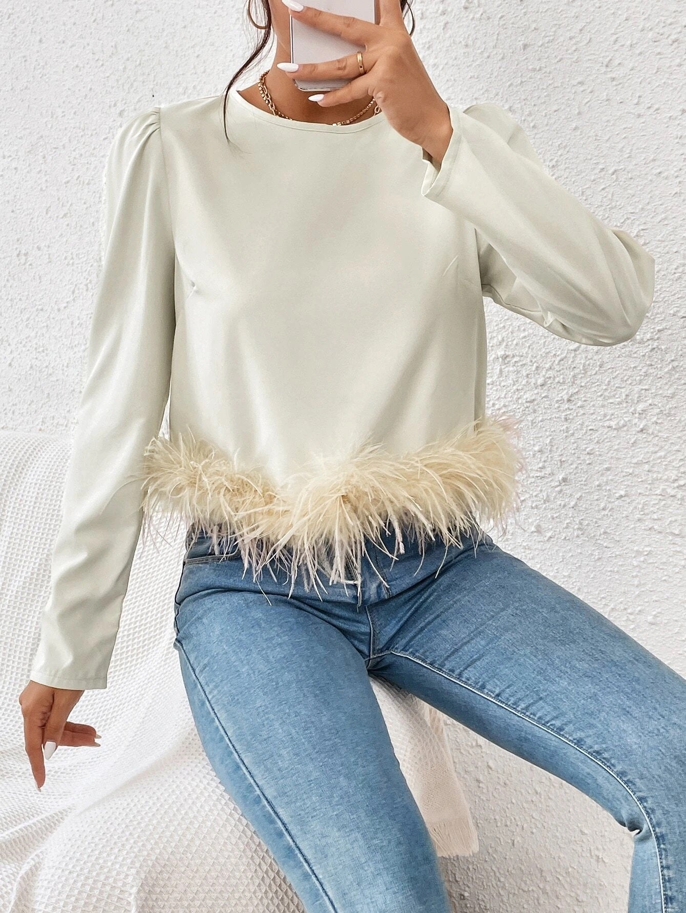 CM-TS987778 Women Elegant Seoul Style Puff Sleeve Fuzzy Trim Blouse - Beige