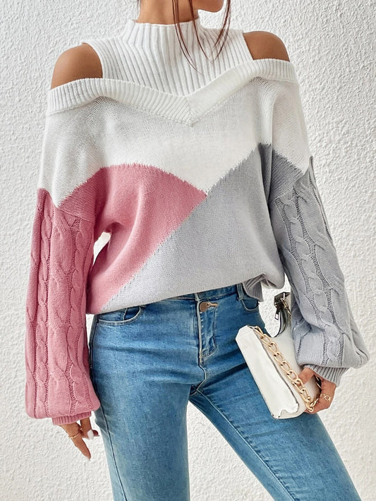 CM-CS555415 Women Casual Seoul Style Colorblock Cold Shoulder Cable Knit Sweater