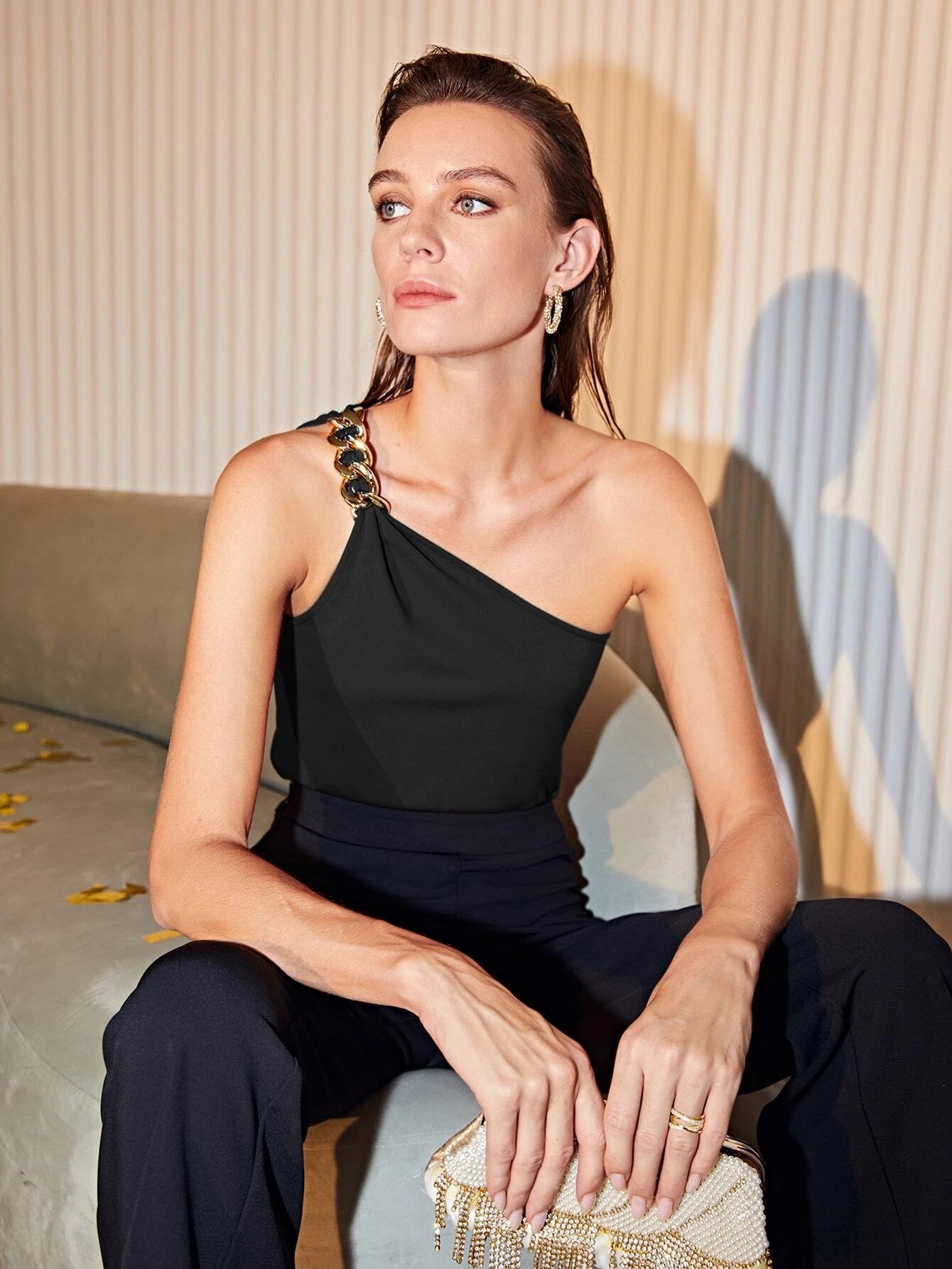 CM-TS033900 Women Casual Seoul Style Premium One Shoulder Chain Top - Black