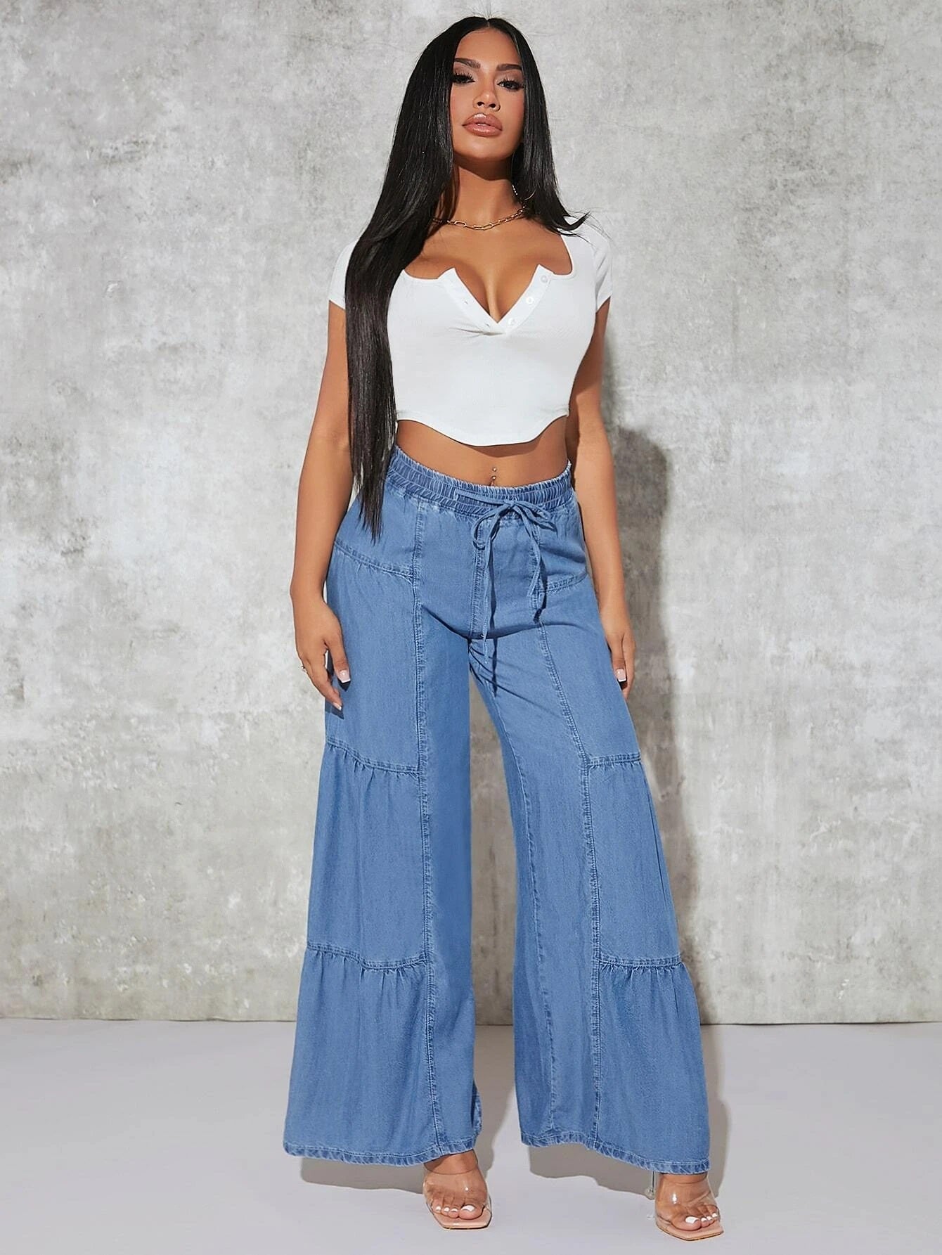 CM-BS441070 Women Preppy Seoul Style Paperbag Waist Belted Wide Leg Jeans