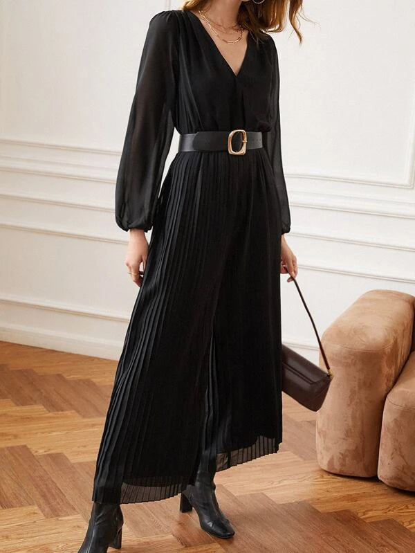 CM-JS061505 Women Elegant Seoul Style Lantern Sleeve Overlap Collar Pleated Culotte Jumpsuit