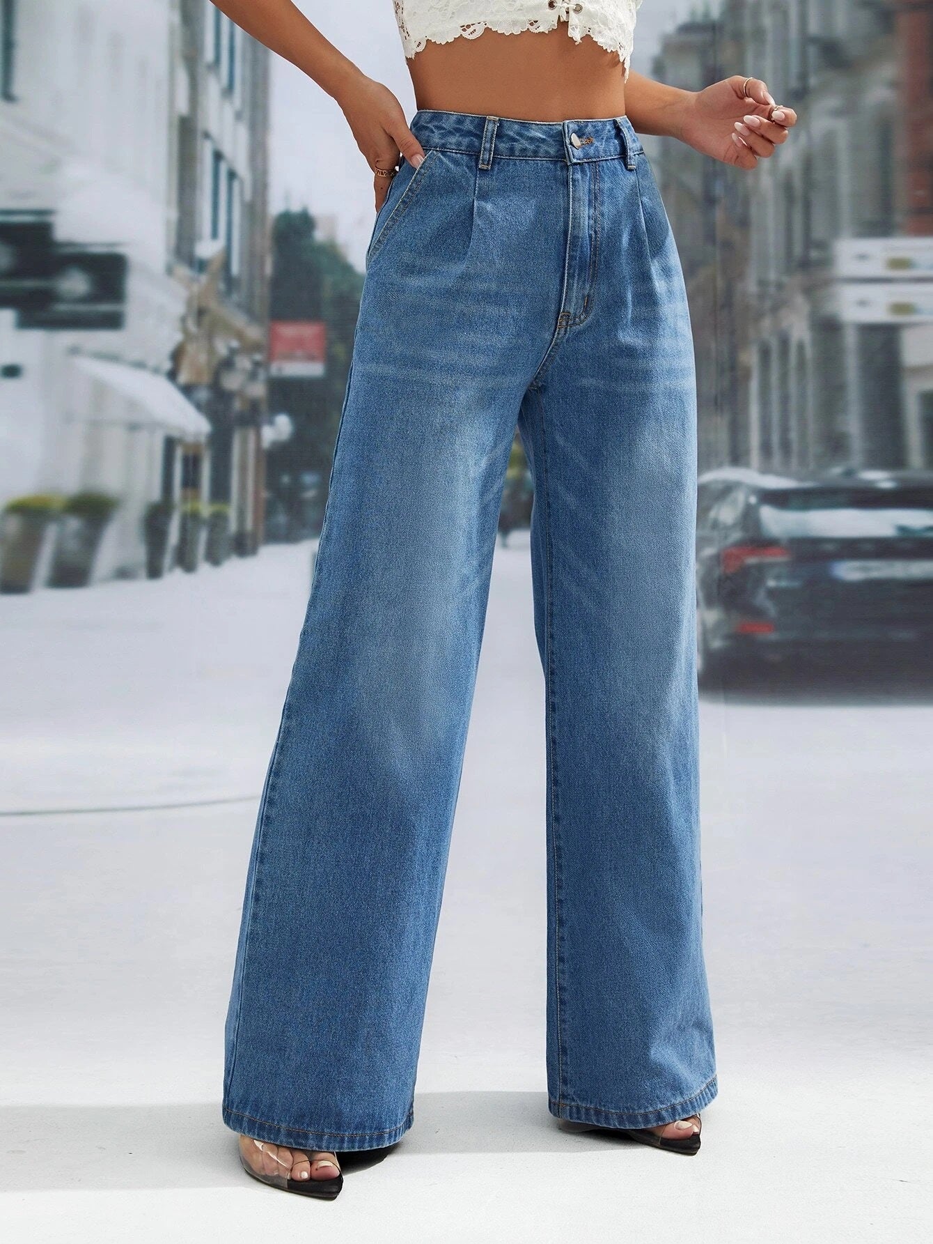 CM-BS649123 Women Casual Seoul Style Medium Wash High Waist Wide Leg Jeans