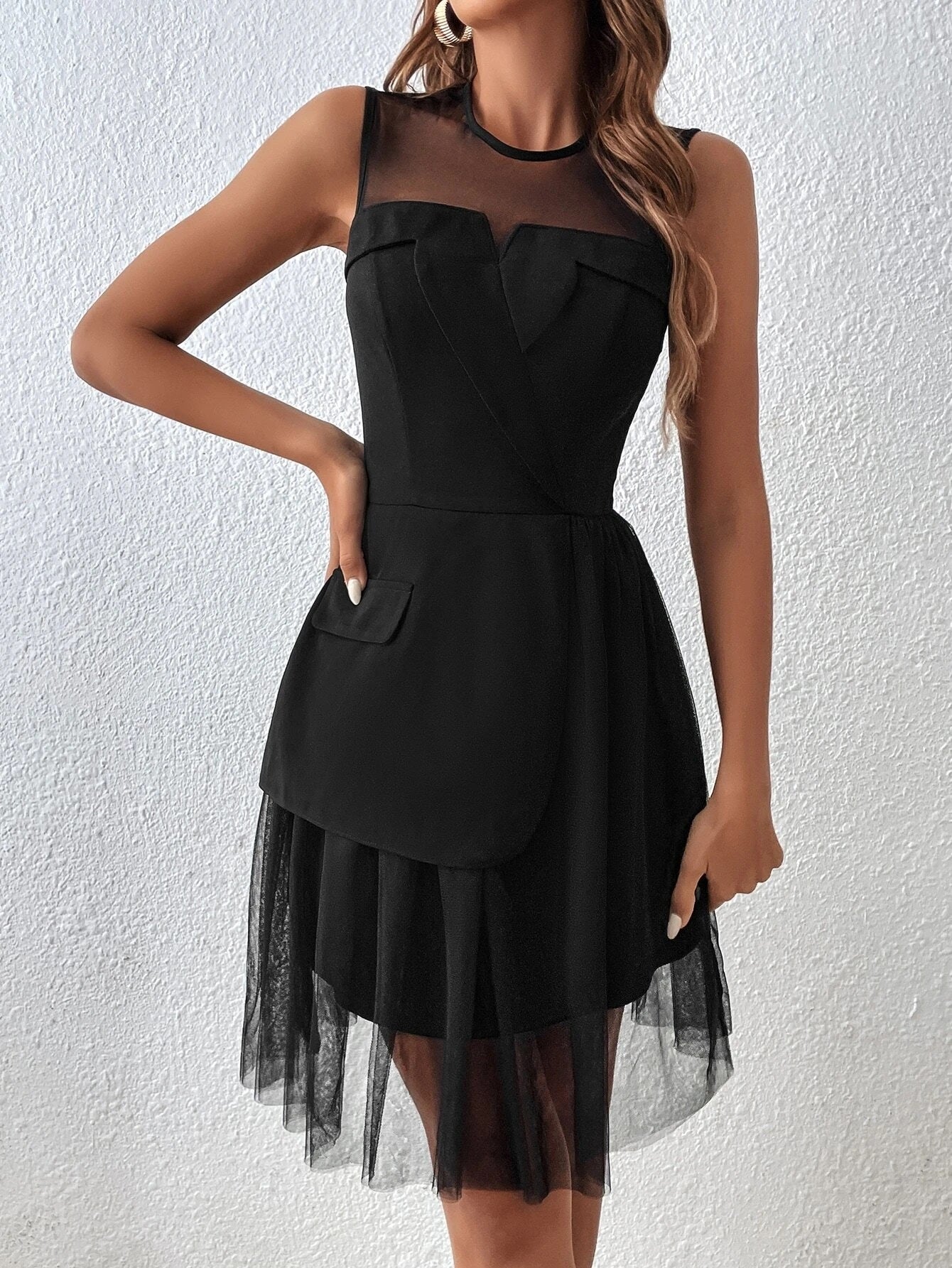 CM-DS193241 Women Elegant Seoul Style Contrast Mesh Ruffle Hem Dress - Black